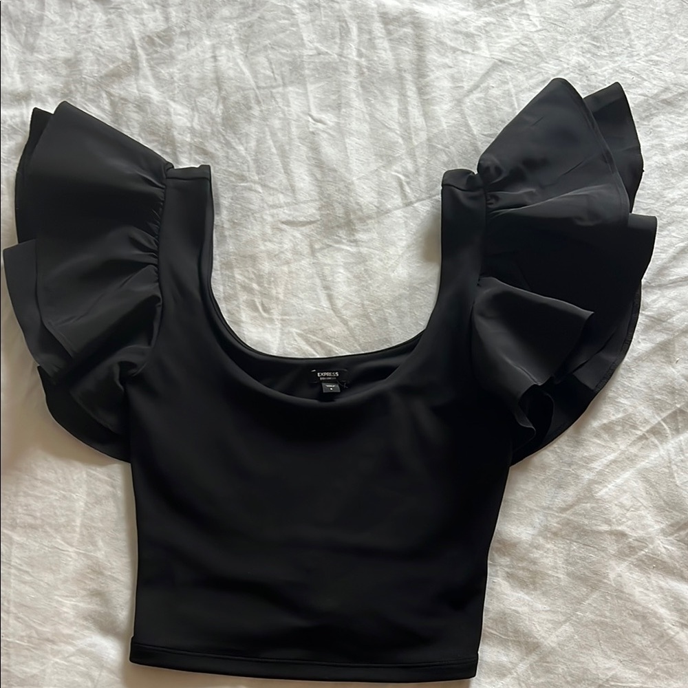 Express Black Flutter Sleeve Crop Top